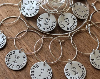 Personalised Wine Charms | Hand Stamped Wine Glass Charms | Custom Name Wine Markers | Wedding Favour | Gift for Wine Lover | Cocktail