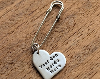 Personalised Heart Charm on Kilt Pin ~ Custom Heart Charm ~ Hand Stamped Custom Pin ~ Personalised Keepsake ~ Wedding, Initials, Name, Date