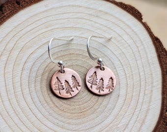 Tree Earrings ~ Copper & Silver Forest Earrings | Hand Stamped Earrings | Nature Inspired, Evergreen, Pine tree | 925 Sterling Silver Hook
