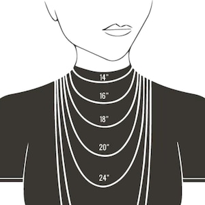 May include: Illustration of a person's upper body with a necklace length guide. The guide shows necklace lengths of 14", 16", 18", 20", and 24" to help determine the best necklace size.