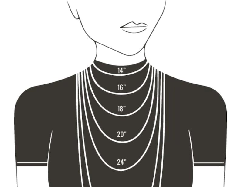 May include: Illustration of a person's upper body with a necklace length guide. The guide shows necklace lengths of 14", 16", 18", 20", and 24" to help determine the best necklace size.