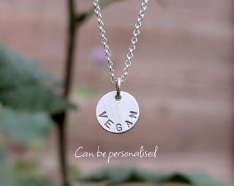 Sterling Silver 'Vegan' Pendant | Tiny Minimalist Hand Stamped Necklace | Can be personalised