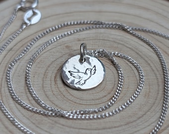 Sterling Silver Dove Necklace | Hand Stamped Tiny Bird Pendant | Minimalist Hammered Disc Pendant | Peace Symbol Jewellery