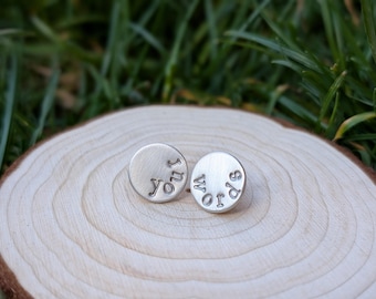 Sterling Silver Personalised Stud Earrings | Word Earrings | Hand Stamped Custom Earrings | Minimalist Earrings | dates, initials, names