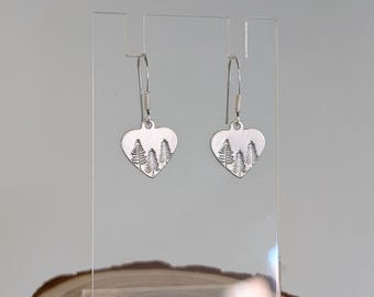 Tree Earrings | Forest Earrings | Hand Stamped Heart Earrings ~ Nature Inspired, Minimalist, Evergreen, Pine tree | 925 Sterling Silver Hook