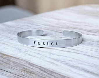 Resist - Hand Stamped Adjustable Cuff Bracelet Bangle - Political, Feminist, Equality, Persist, Minimalist, Customisable - Jewelry Gift