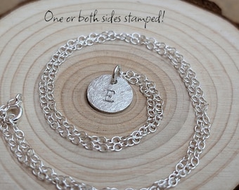 Sterling Silver Personalised Disc Pendant on Chain | Hand Stamped Silver Necklace | Custom Initial Hammered Pendant | Double Sided