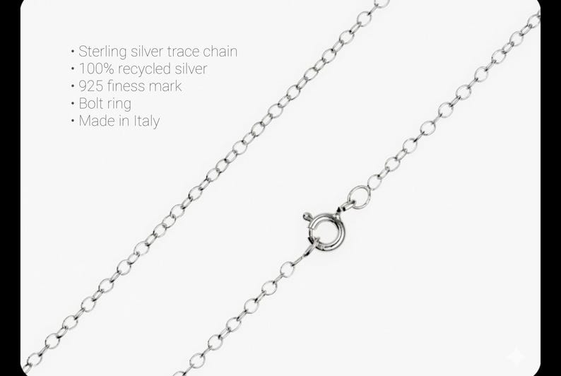 May include: A sterling silver trace chain with a bolt ring clasp. The chain is made of 100% recycled silver and has a 925 fineness mark. The text on the image says "Made in Italy".