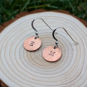 May include: A pair of drop earrings featuring circular copper-toned discs with a textured surface. Each disc is stamped with a single letter, one with an E and the other with an M. The discs are attached to silver-toned metal ear wires.