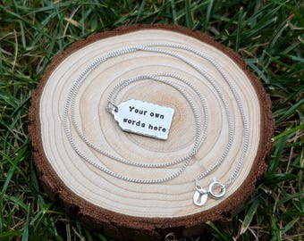Hand Stamped Personalised Gift Tag Pendant | Custom Hammered Charm Necklace | Your Words, Quote, Phrase, Date, Initials, etc