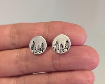Tree Earrings | Forest Earrings | Nature Earrings | Evergreen Earrings | Hand Stamped Stud Earrings | Minimalist | 925 Sterling Silver Backs