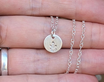 Sterling Silver Stamped Leaf Pendant | Nature Inspired Necklace | Tiny Hammered Textured Disc Pendant