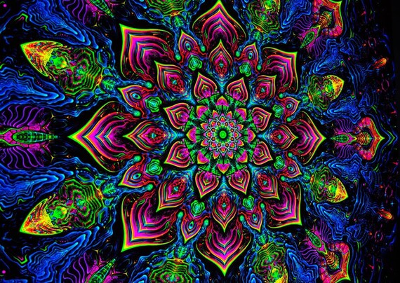 UV BACKDROP "Flower of Space Energy" Psychedelic Tapestry Fractal Mandala banner 