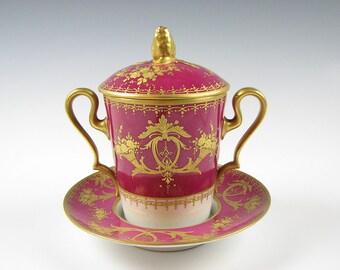 Limoges French Porcelain Red and Gold two handle Cup with Tray