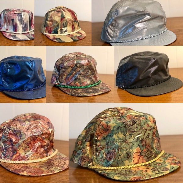 80s Deadstock Shiny Metallic Blank Strapback Hats - Brand New Old Stock - Never Worn - Five Panel w/ Rope/Cord Across Brim - True Vintage