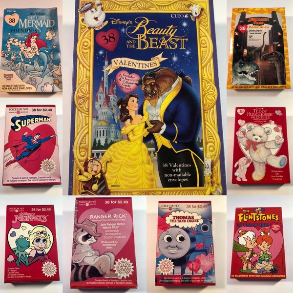 Vintage 90s Valentines Day Cards - Little Mermaid, Beauty & the Beast, Jurassic Park, Superman, Muppets, Flintstones, Thomas The Tank Engine