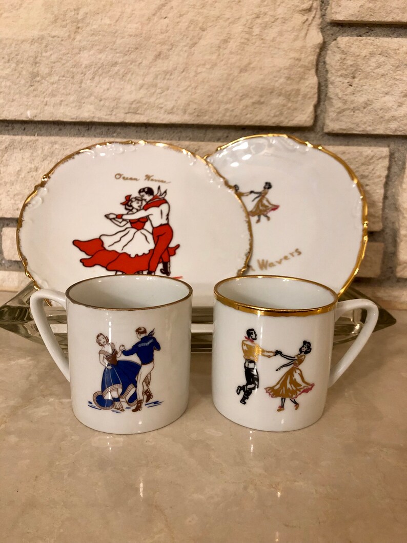 Country Western Swing Dancing Dish Set With Two Coffee Cups And Two Plates True Vintage From 1975