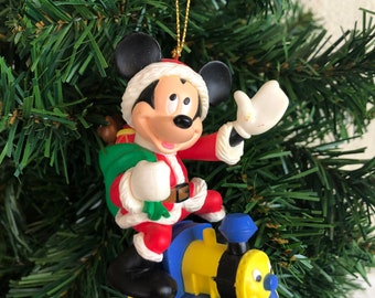 Vintage Disney Mickey Mouse as Santa Claus Riding a Toy Train Christmas Ornament, 3D Disney Christmas Ornament, Disney Grolier Ornament