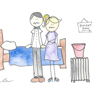 May include: A hand-drawn illustration of a couple standing next to a bed with a pillow and a blue blanket. The man is wearing a white shirt with a bow tie and the woman is wearing a purple dress. There is a bucket and a sign that says "Bucket Room" in the background.