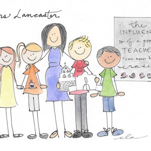 May include: A drawing of a teacher with four students. The teacher is holding a model of a building. The students are holding various items, including a cupcake and a Star Wars shirt. The drawing is on a white background with a chalkboard in the background that says "the INFLUENCE of a good TEACHER can never be erased".