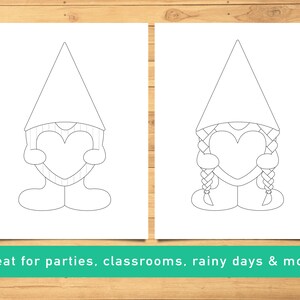 2 Gnomes Holding Hearts Coloring Sheets, Valentine's Day, Printable Coloring, Kids Coloring, Size 8.5x11 and A4