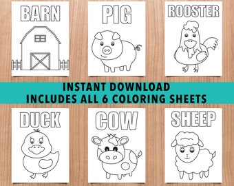 6 Farm Themed Coloring Pages, Farm Animals, Printable Coloring, Kids Coloring, Birthday Party, Classroom Teaching Supplies, Activity Sheet