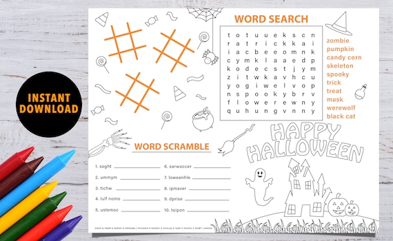 Halloween Placemat, Activity Sheet, Halloween Party Favors, Printable Coloring Page, Teacher Supplies, Classroom Worksheet, Print at Home