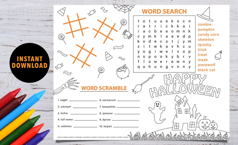 May include: A printable Halloween-themed activity sheet with a word search and word scramble. The word search features words like "zombie", "pumpkin", "candy corn", "skeleton", "spooky", "trick", "treat", "mask", "werewolf", and "black cat". The word scramble features words like "sought", "umnym", "tichw", "lulf nomo", "ustemoc", "sarwoccer", "loweanhle", "ipmaver", "dprise", and "toipon".