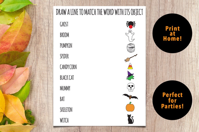 Puede incluir: Una hoja de actividades imprimible con tem&aacute;tica de Halloween con una lista de palabras de Halloween e im&aacute;genes correspondientes. Las palabras incluyen fantasma, escoba, calabaza, ara&ntilde;a, ma&iacute;z dulce, gato negro, momia, murci&eacute;lago, esqueleto y bruja. La hoja incluye el texto "Dibuja una l&iacute;nea para hacer coincidir la palabra con su objeto." y el texto "&iexcl;Imprime en casa!" y "&iexcl;Perfecto para fiestas!" en c&iacute;rculos separados.