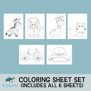 6 Safari Themed Coloring Pages, 8.5x11 & A4 sizes