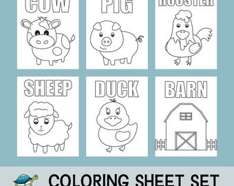 May include: A set of six black and white coloring pages featuring farm animals and a barn. The animals include a cow, pig, rooster, sheep, duck, and a barn. The title of the set is "Coloring Sheet Set (Includes All 6 Sheets)".