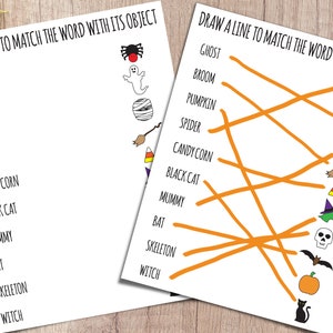 Puede incluir: Un juego de correspondencia de Halloween imprimible con l&iacute;neas naranjas que conectan palabras como "fantasma", "murci&eacute;lago" y "bruja" con sus im&aacute;genes correspondientes.