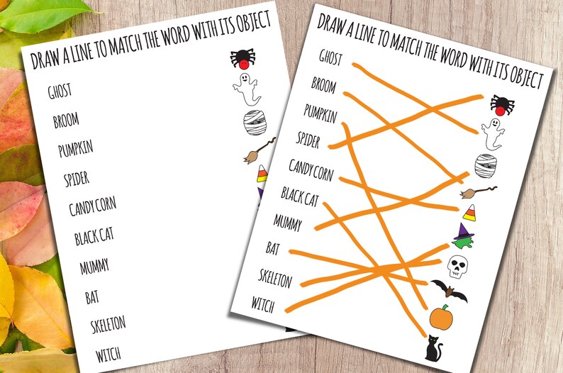 Puede incluir: Un juego de correspondencia de Halloween imprimible con l&iacute;neas naranjas que conectan palabras como "fantasma", "murci&eacute;lago" y "bruja" con sus im&aacute;genes correspondientes.