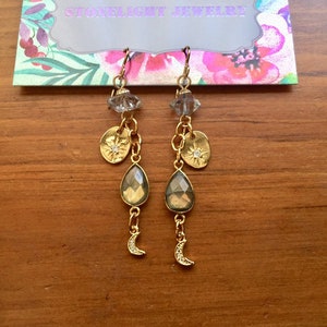 Labradorite, Herkimer diamond, Moon and Stars Earrings