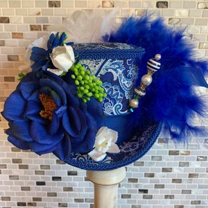 MADE to ORDER ONLY!!  Blue and White Mini Top Hat, Fascinator