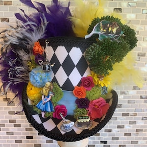 MADE to ORDER ONLY!  Alice In Wonderland & Mad Hatter Mini Top Hat, Cheshire Cat in a Tree Fascinator