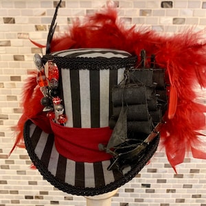 MADE to ORDER ONLY!  Gray, Black, and Red Pirate Mini Top Hat, Caribbean Ghost Ship Fascinator