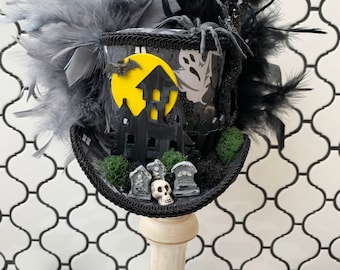 AVAILABLE NOW to SHIP!!  Halloween Mini Top Hat, Haunted House Fascinator