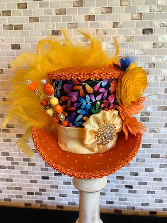 Yellow and Orange Decorative Hat Orange and Yellow Mini Top Hat, Rainbow Fascinator, READY to  main image 3