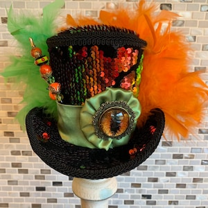 Dragon's Eye Mini Top Hat, Orange and Green Sequin Dragon Fascinator, MADE to ORDER ONLY!!