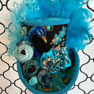 100% wool flat top occasion hat!  Satin flowers Peacock feathers Easter Sunday! Mini Top Hat, Peacock Feather Hat, Steampunk Hat, Gothic  main image 4
