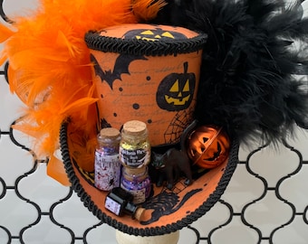 AVAILABLE NOW to SHIP!!  Witch’s Halloween Apothecary Mini Top Hat, Witch’s Black Cat Fascinator