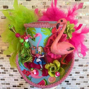 MADE to ORDER ONLY!  Alice in Wonderland, Mad Hatter Mini Top Hat, Hot Pink Flamingo Fascinator