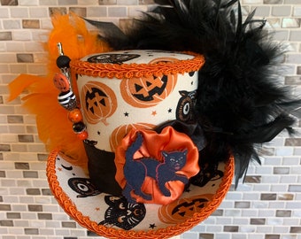 Vintage Halloween Black Cat Mini Top Hat, JOL, Witch Fascinator, MADE to ORDER Only!!