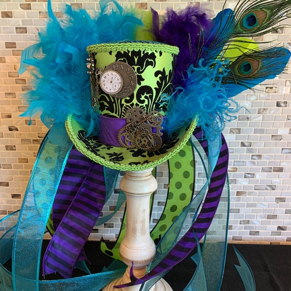 MADE to ORDER ONLY!  Lime Green, Aqua  & Purple Peacock Mini Top Hat, Steampunk Fascinator