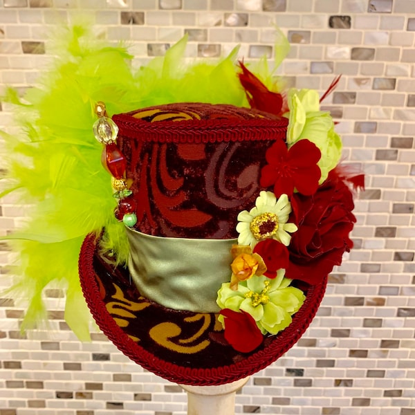 MADE to ORDER ONLY!  Burgundy and Lime Green Mini Top Hat, Velvet Burn/out Fabric and Flowers Fascinator