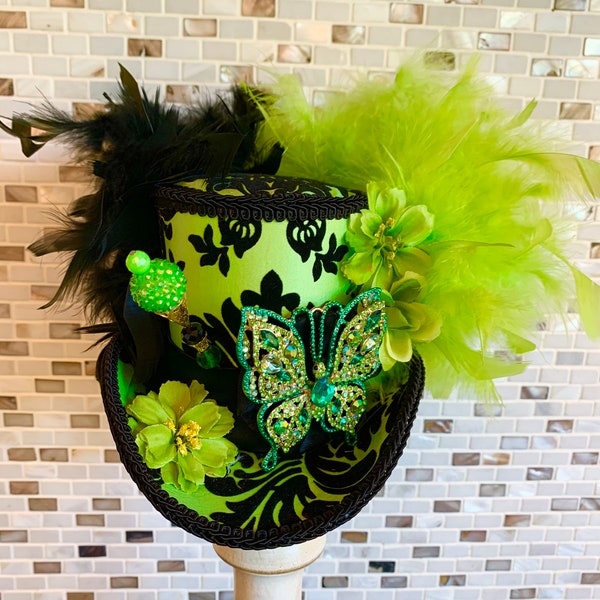 READY to SHIP NOW!!  Lime Green Butterfly Mini Top Hat, Damask Fascinator, St. Patrick’s Day Hat
