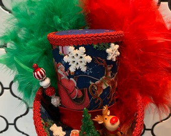 Santa, Sleigh, and Reindeer Mini Top Hat, Christmas Fascinator, READY TO SHIP!!