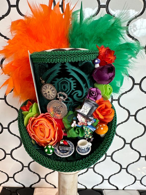 Alice in Wonderland Micro Mad Hatter Hat Tea Party Fascinator Feather Maximalist Bridal Mad Hatter Mini Top Hat,alice in Wonderland  main image 2