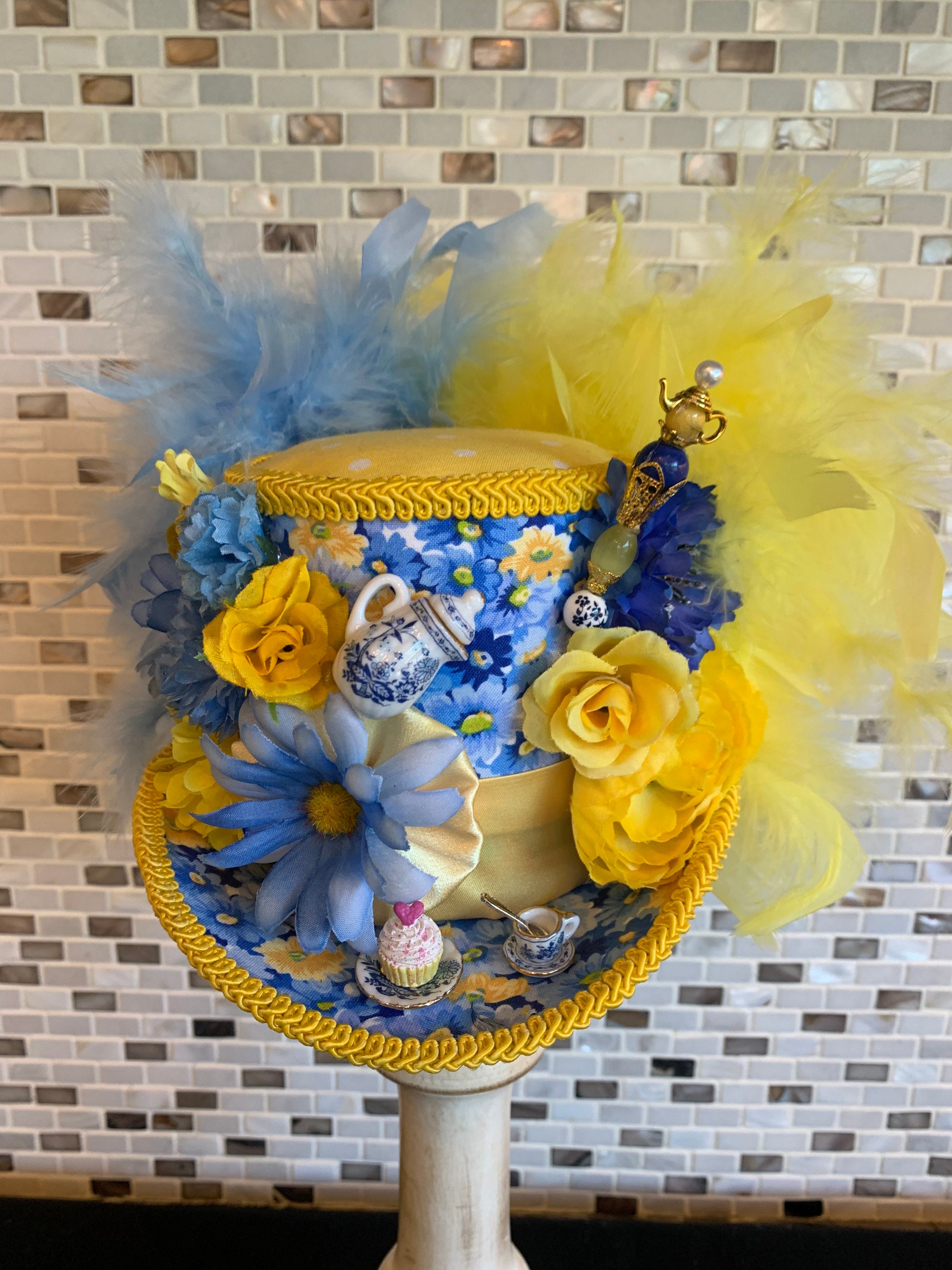 Elegant Yellow & Light Blue Wide-Brim Floral Occasion Hat M23157S (Gold yellow/Hot pink) Kentucky Derby hat, Church  main image 2